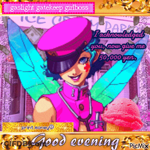 Girl With Wings And Ice Cream Cone Says Good Evening GIF