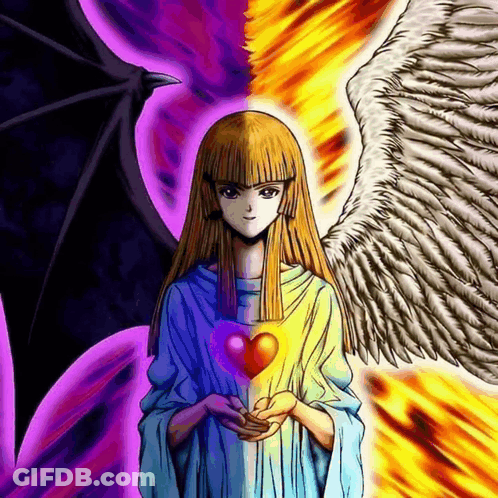 Girl With Wings Holding Heart Between Demon And Angel GIF