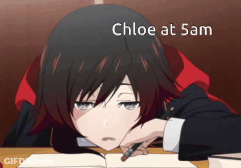 Girl Writing In Notebook With Chloe At 5Am Above Her GIF