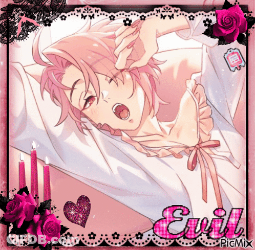 Girl Yawning With Evil Written In Pink GIF