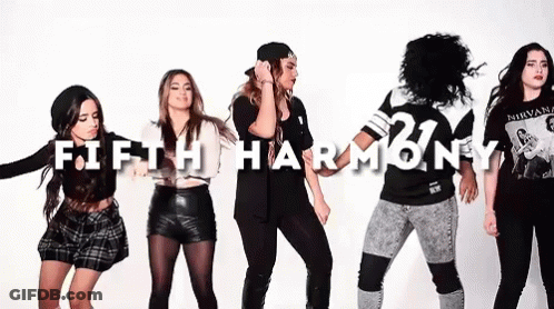 Girls Dancing In Front Of Fifth Harmony Banner GIF