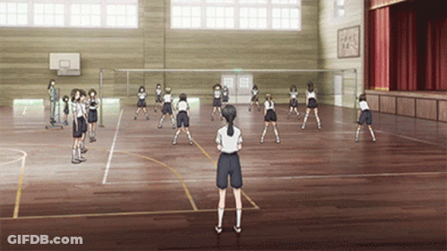 Girls Playing Volleyball In Red Curtain Gym GIF