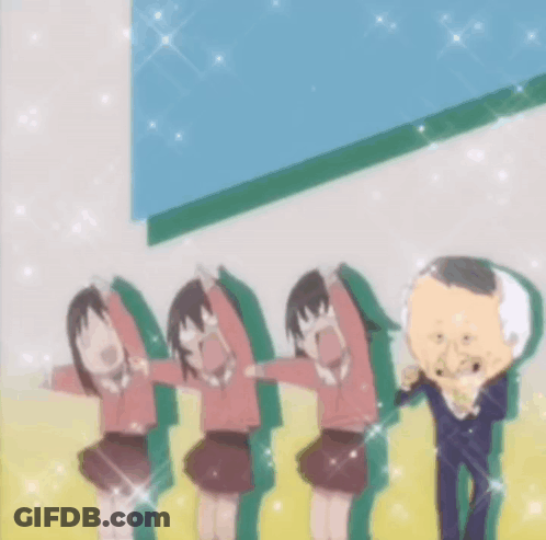 Girls Standing In Front Of Big Head Man GIF