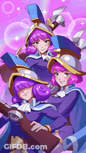 Girls With Purple Hair And Blue Hats Standing Together GIF