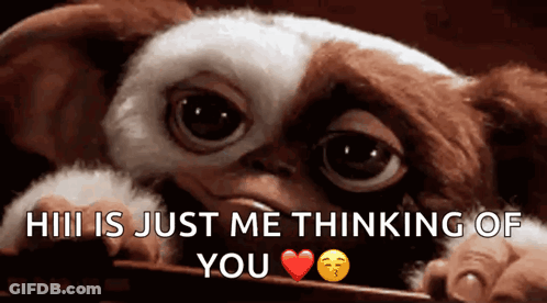 Gizmo Holding Heart Saying He Is Just Me Thinking Of You GIF