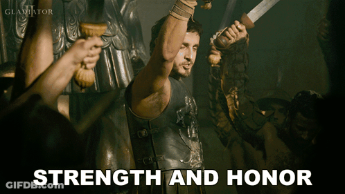 Gladiator Poster With Sword Saying Strength And Honor GIF