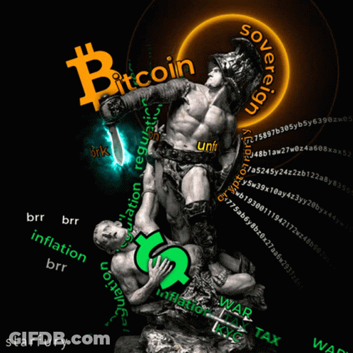 Gladiator Statue Holding Sword Bitcoin Background GIF