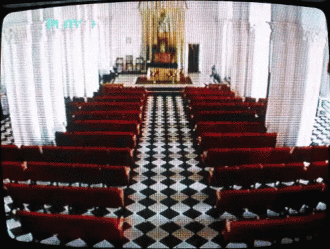 Glitchy Vintage Church Interior Shot GIF