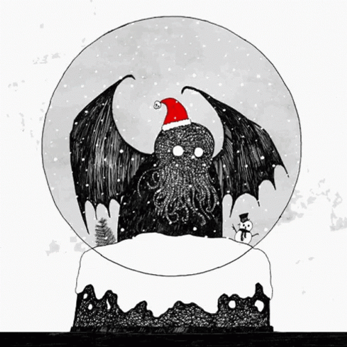 Glittery Cthulhu Santa Hat Snow Globe GIF