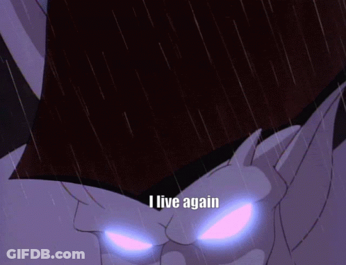 Glowing Eyes Cartoon Saying I Live Again GIF