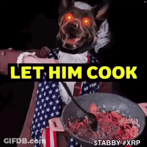 Glowing Red Eyed Dog Holding Pan Says Let Him Cook GIF