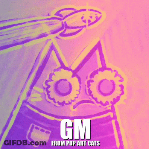 Gm From Pop Art Cats Is Written On A Pink And Purple Poster GIF