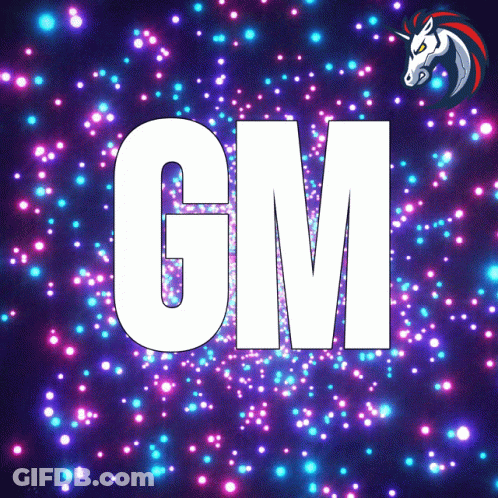 GM On Purple Background With Unicorn GIF
