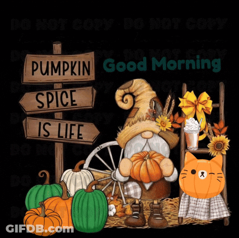 Gnome Holding Pumpkin In Front Of Pumpkin Spice Is Life Signs GIF