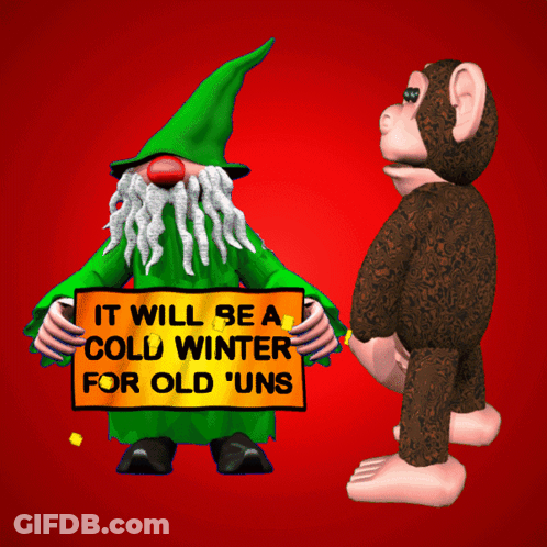 Gnome Holding Sign It Will Be A Cold Winter Next To Monkey GIF