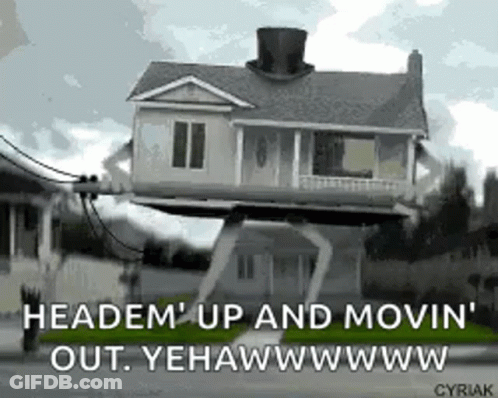 Gnome Pushing House In Wheelbarrow We Are Moving House GIF