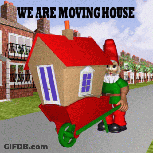 Gnome Pushing House In Wheelbarrow We Are Moving House GIF