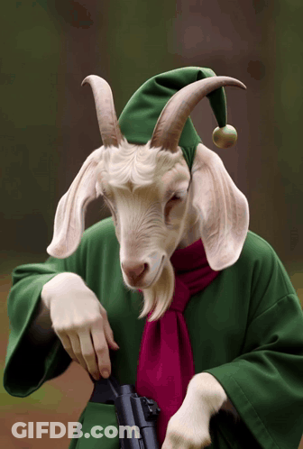 Goat In Green Hat And Red Scarf Holding Gun GIF