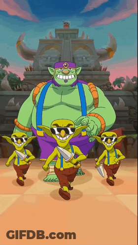 Goblins In Sunglasses And Suspenders In Front Of Building GIF