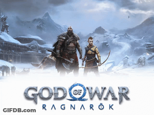 God Of War Ragnarok Poster With Two Warriors In Snow GIF
