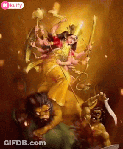 Goddess Riding Lion Holding Bow And Arrow GIF