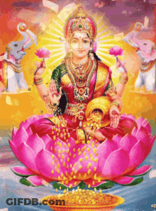 Goddess Sitting On Lotus With Elephants GIF