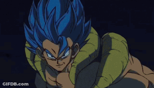 Gogeta From Dragon Ball Z Is Flying Through The Air In A Purple And Blue Aura . GIF