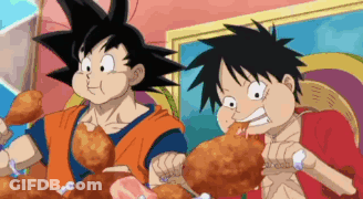 Goku And Luffy From One Piece Are Eating Fried Chicken Together GIF