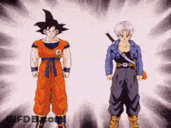 Goku And Trunks Are Standing Next To Each Other GIF