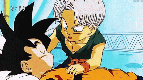 Goku And Trunks From Dragon Ball Z Are Talking To Each Other . GIF