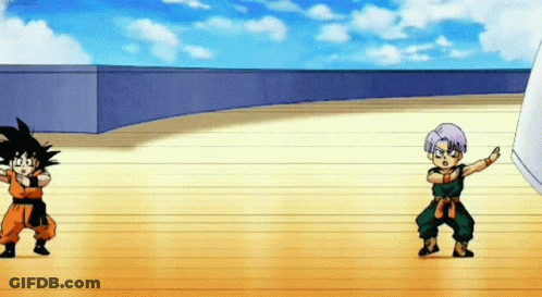 Goku And Trunks From Dragon Ball Z Dancing On Wooden Floor GIF