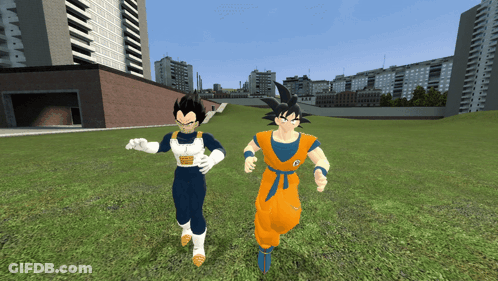 Goku And Vegeta Running In Grassy Field GIF