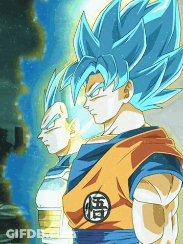 Goku And Vegeta Standing With Chinese Characters GIF