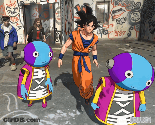 Goku And Zeno Standing In Front Of Graffiti Building GIF