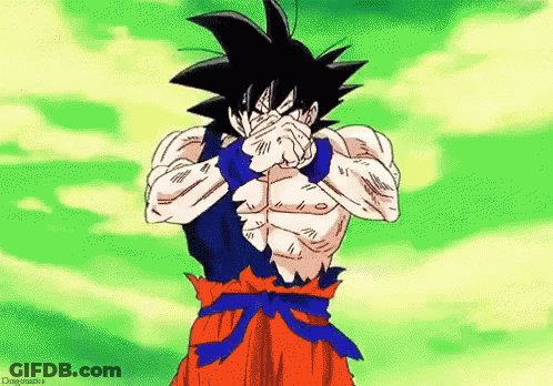 Goku From Dragon Ball Z Is Covering His Face With His Hands While Standing In Front Of A Green Background . GIF