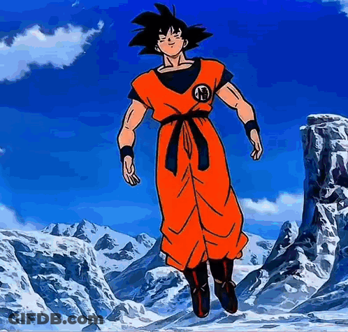 Goku From Dragon Ball Z Is Jumping In The Air In Front Of Mountains . GIF
