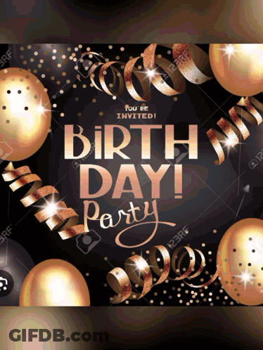 Gold Balloons And Streamers Birthday Invitation GIF