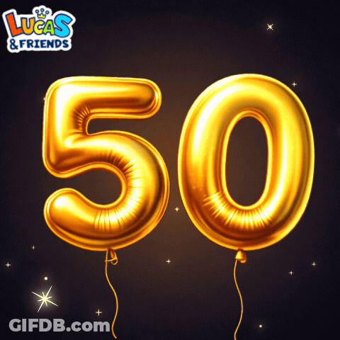 Gold Balloons In The Shape Of The Number 50 With Lucas & Friends Written On The Bottom GIF