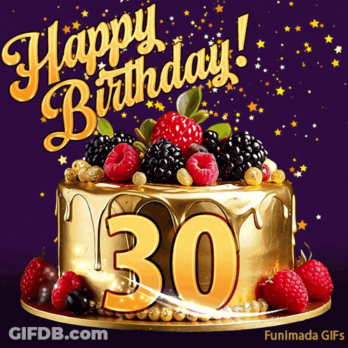Gold Cake With Berries And Number 30 GIF