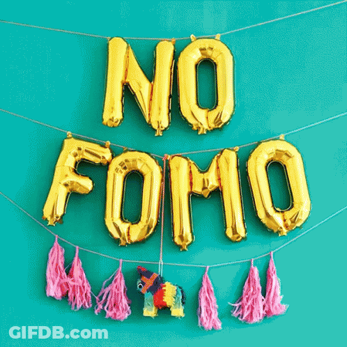 Gold No Fomo Balloons With Pink Tassels GIF