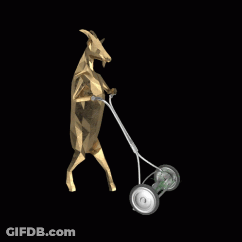 Golden Goat Pushing Lawn Mower GIF
