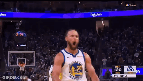 Golden State Warriors Basketball Player Stephen Curry Is Celebrating A Basket During A Game Against The Denver Nuggets . GIF