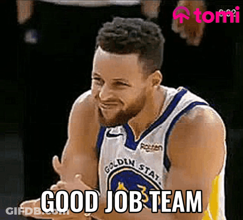 Golden State Warriors Basketball Player Stephen Curry Is Smiling And Saying `` Good Job Team '' While Clapping His Hands GIF