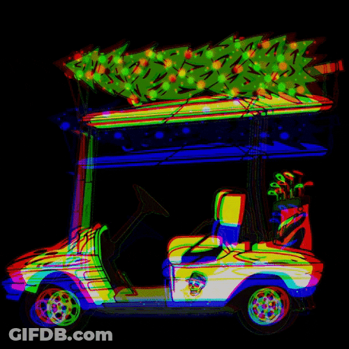 Golf Cart With Christmas Tree On The Top GIF