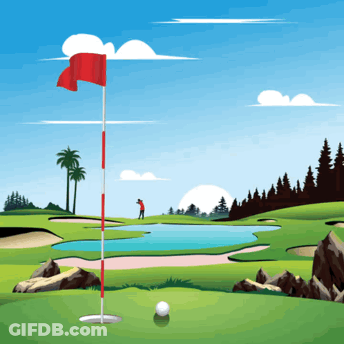 Golf Course With Red Flag And Golf Ball On Green GIF