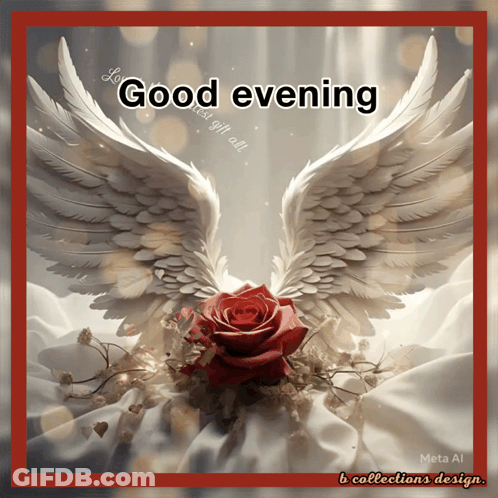 Good Evening Card With Red Rose And Angel Wings GIF