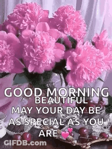 Good Morning Beautiful May Your Day Be As Special As You Are With Pink Flowers In A Vase . GIF