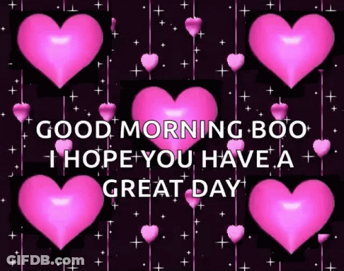 Good Morning Boo Hope You Have A Great Day With Pink Hearts On Black Background GIF