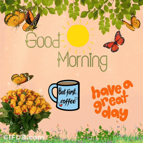 Good Morning Card With Butterflies And Flowers GIF