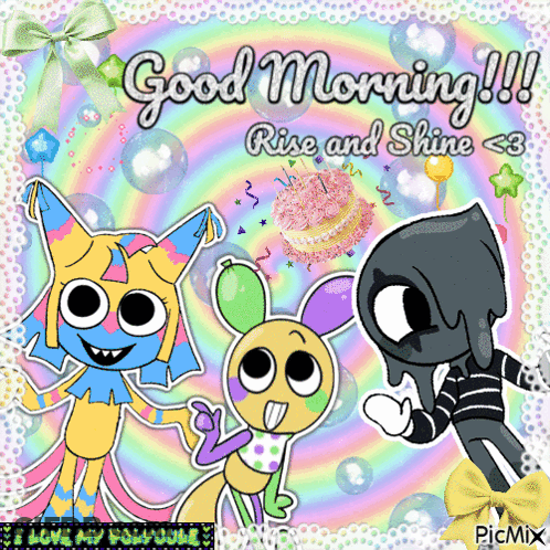 Good Morning Card With Cartoon Characters And Cake GIF